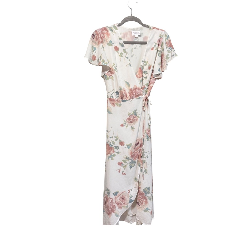 Morning Lavender Romantic Whimsical‎ Wrap Dress Floral Midi Size M Excellent